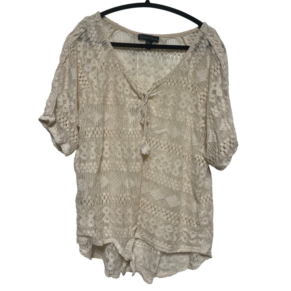 French Laundry Cream Lace Tunic Top 2X Short Sleeve Tie Detail Boho